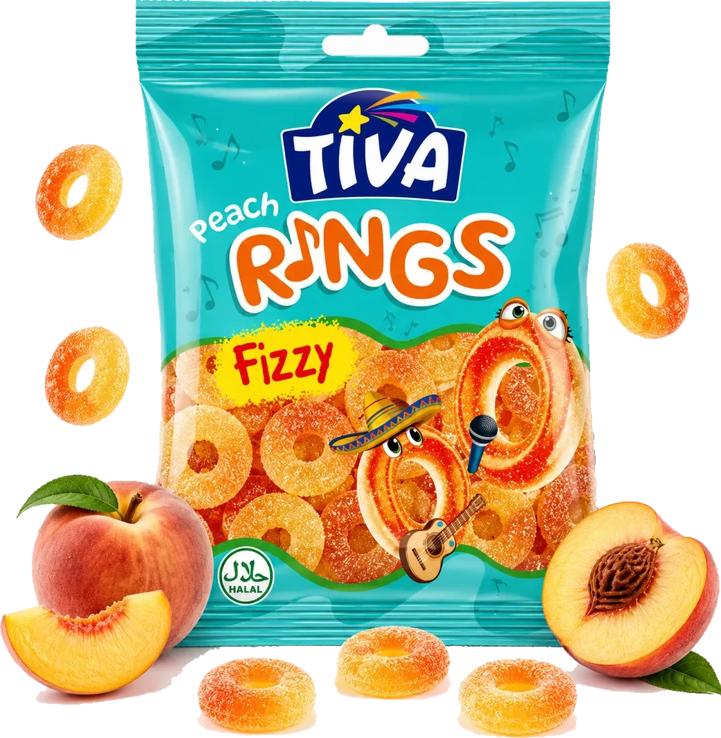 Tiva Peach Rings Fizzy pack with sour peach ring gummies