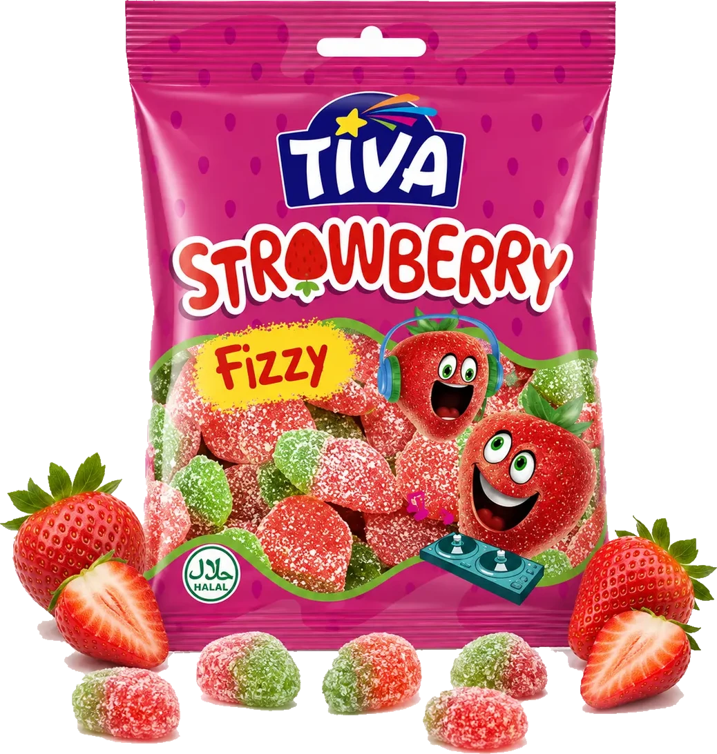 Tiva Strawberry Fizzy pack with sour strawberry gummies