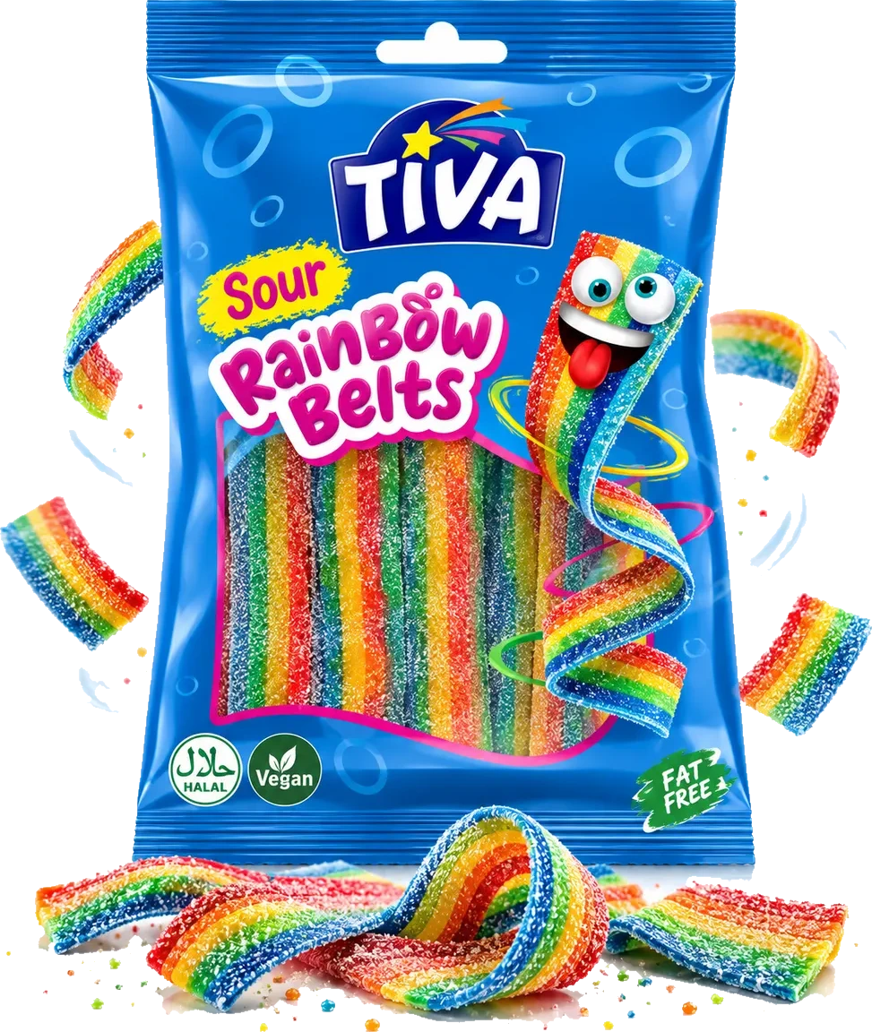 Tiva Sour Rainbow Belts pack with sour rainbow candy belts