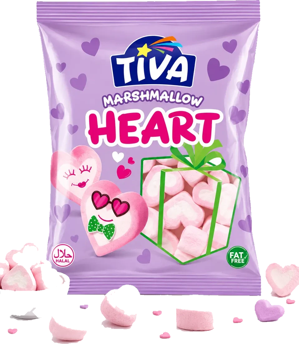 Tiva Heart marshmallow pack with heart-shaped marshmallows