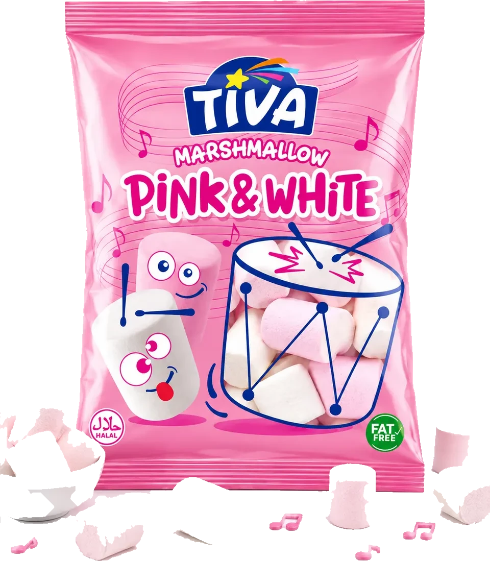 Tiva Pink & White marshmallow pack with pink and white marshmallows